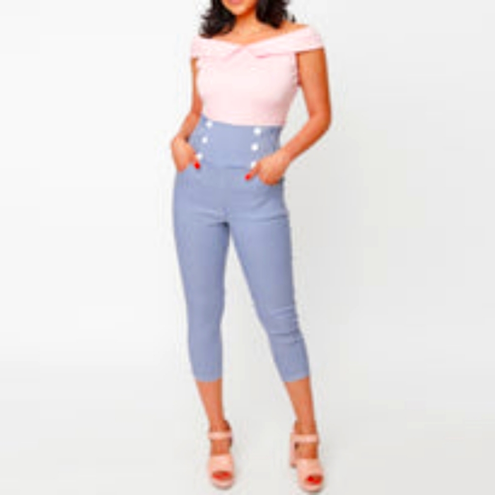 Unique Vintage Blue Gingham Cary Capris